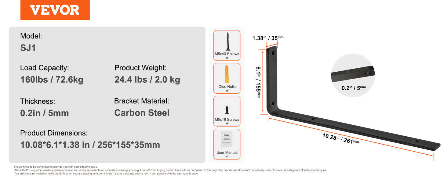 Heavy Duty Shelf Brackets Matte Black Steel-12x1.6x1.6in 6pcs / United States