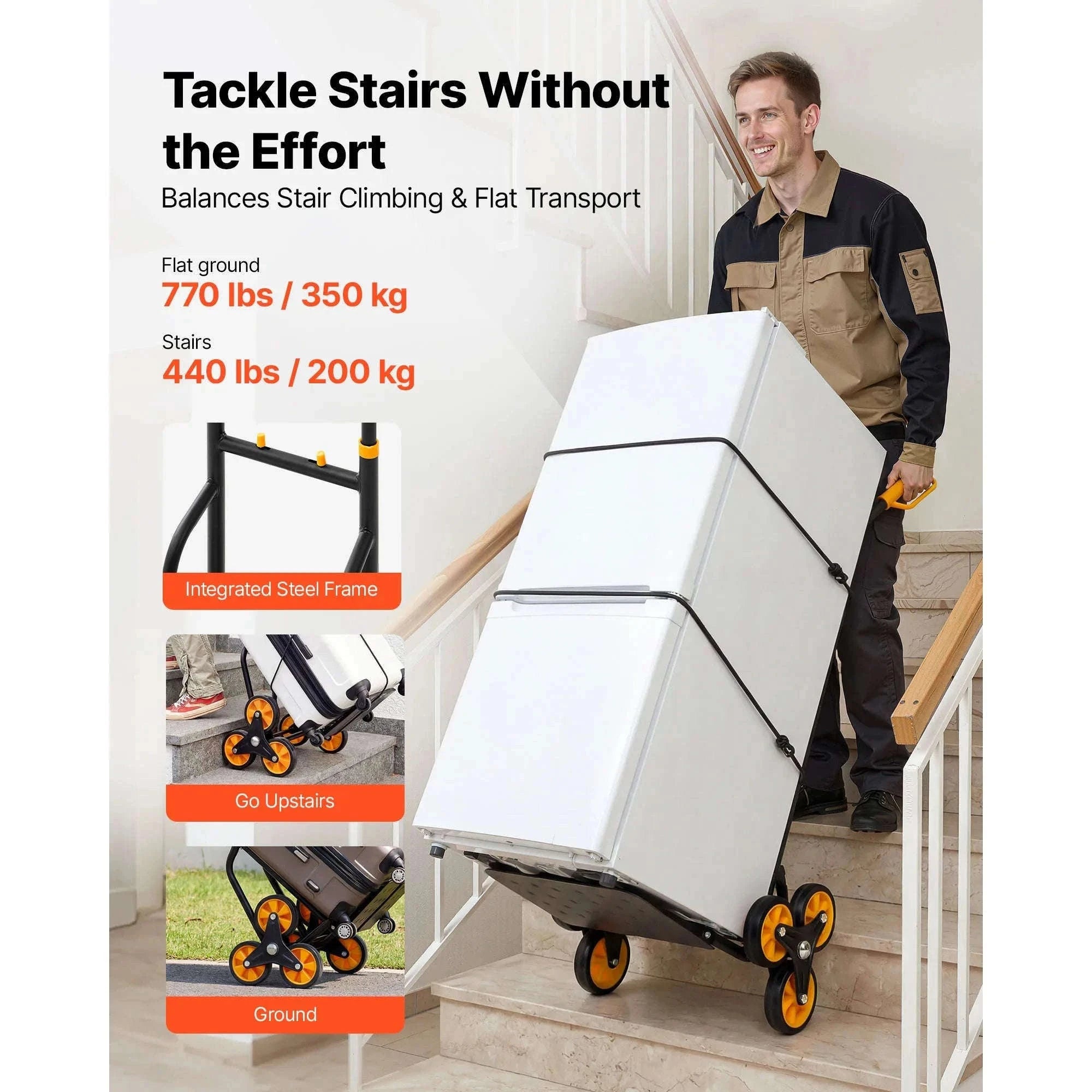 Heavy Duty Stair Climbing Cart with Telescoping Handle, 6 Wheels, 2 Bungee Cords-770lbs / france