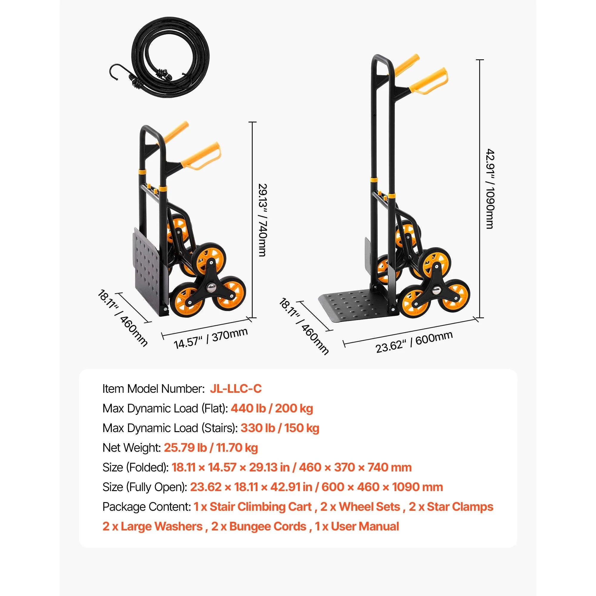 Heavy Duty Stair Climbing Cart with Telescoping Handle, 6 Wheels, 2 Bungee Cords-770lbs / france