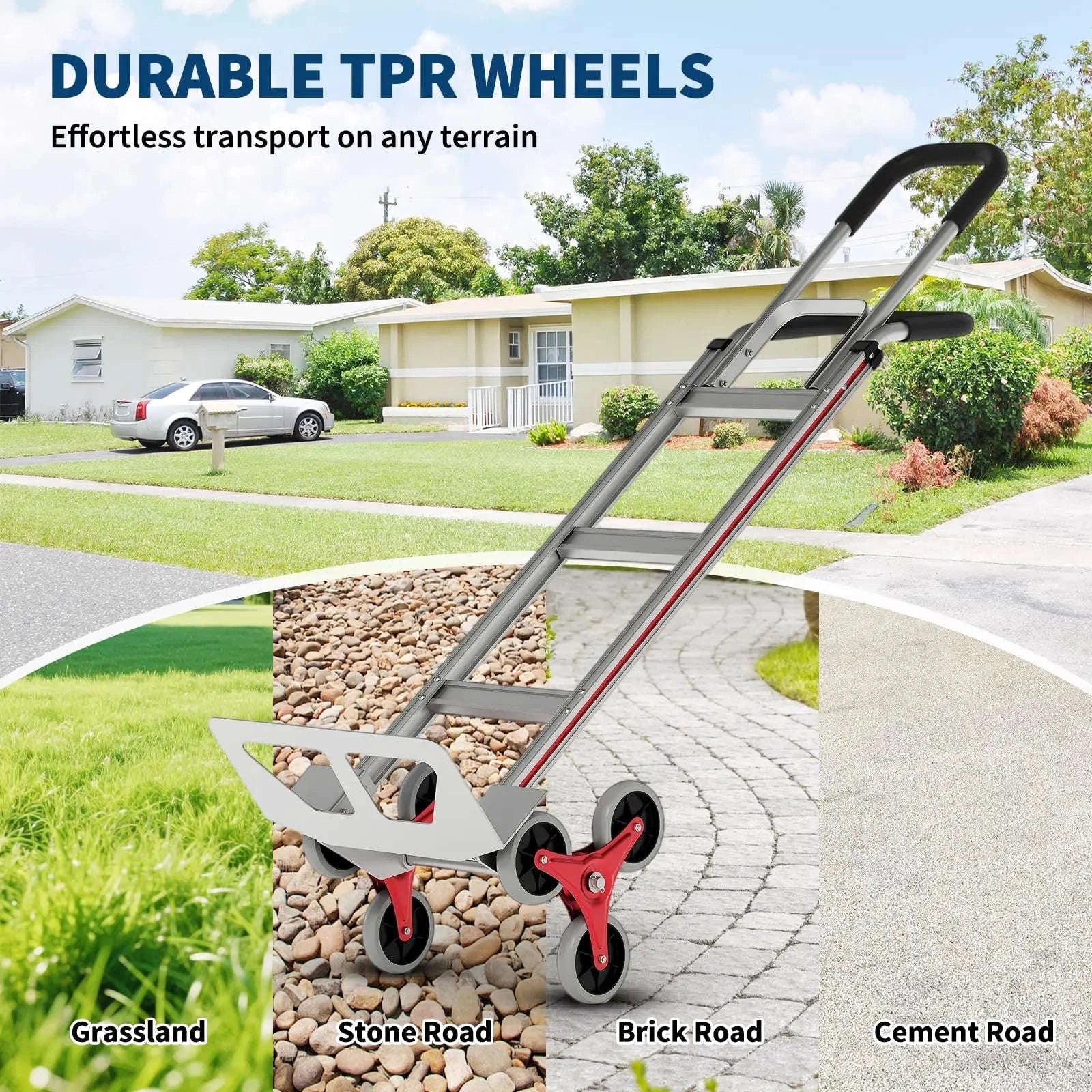 Heavy Duty Stair Climbing Hand Truck 330 lbs, Folding 6-Wheel Cart With Dual Handles, Telescopic Dolly For Moving-Silver Red / United States