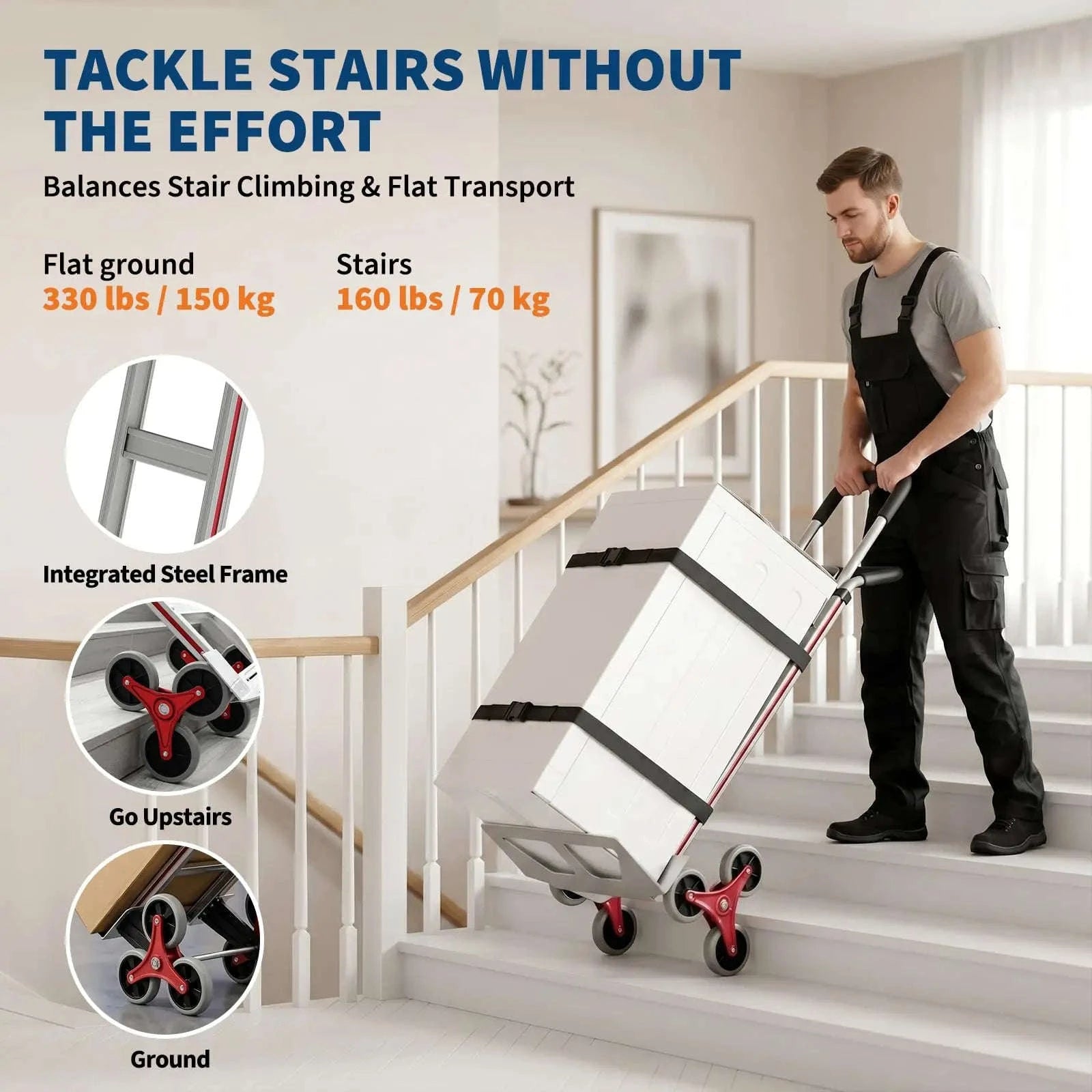 Heavy Duty Stair Climbing Hand Truck 330 lbs, Folding 6-Wheel Cart With Dual Handles, Telescopic Dolly For Moving-Silver Red / United States