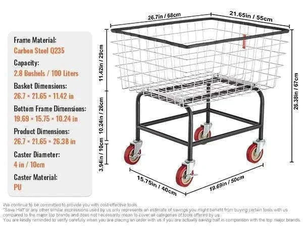 Heavy Duty Wire Laundry Cart with Wheels 2.8 Bushel Capacity-88L / United States