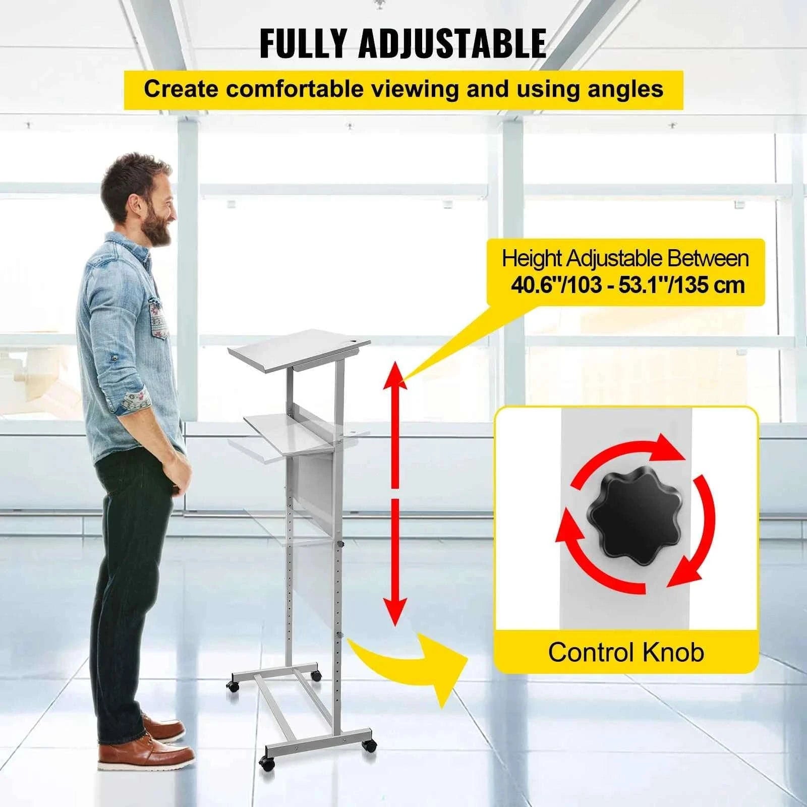 Height Adjustable Portable Standing Lectern with Casters and Storage Shelf-United States