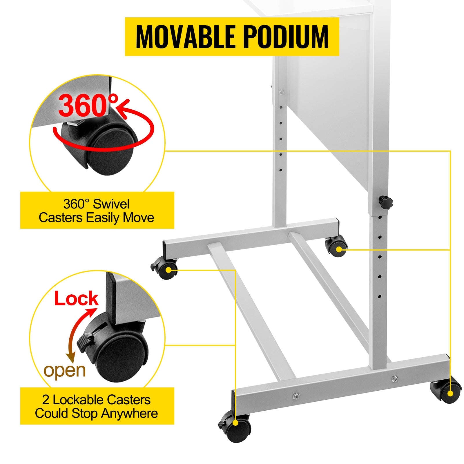 Height Adjustable Portable Standing Lectern with Casters and Storage Shelf-United States