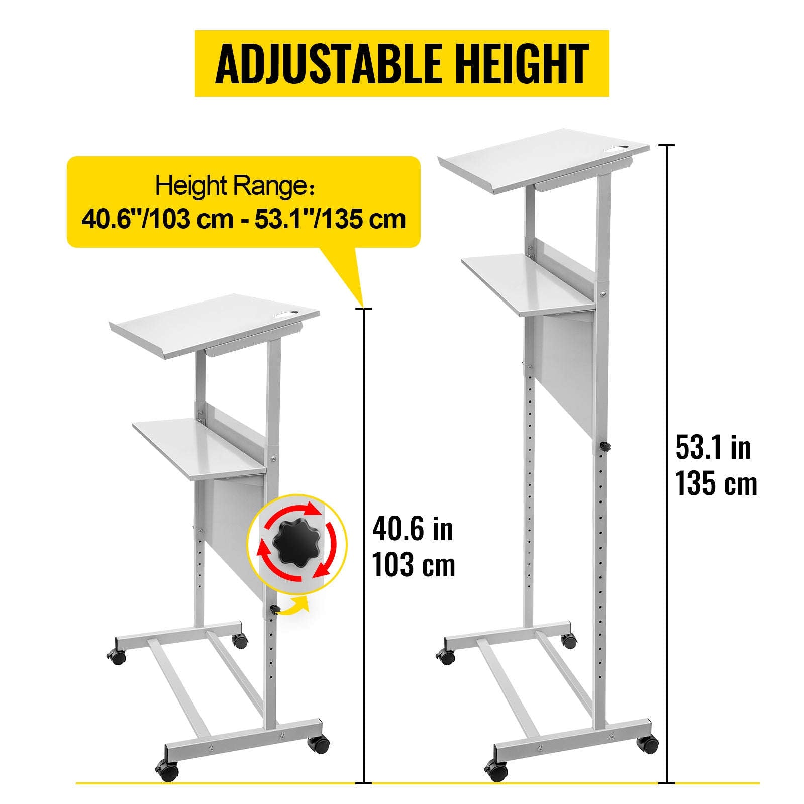 Height Adjustable Portable Standing Lectern with Casters and Storage Shelf-United States