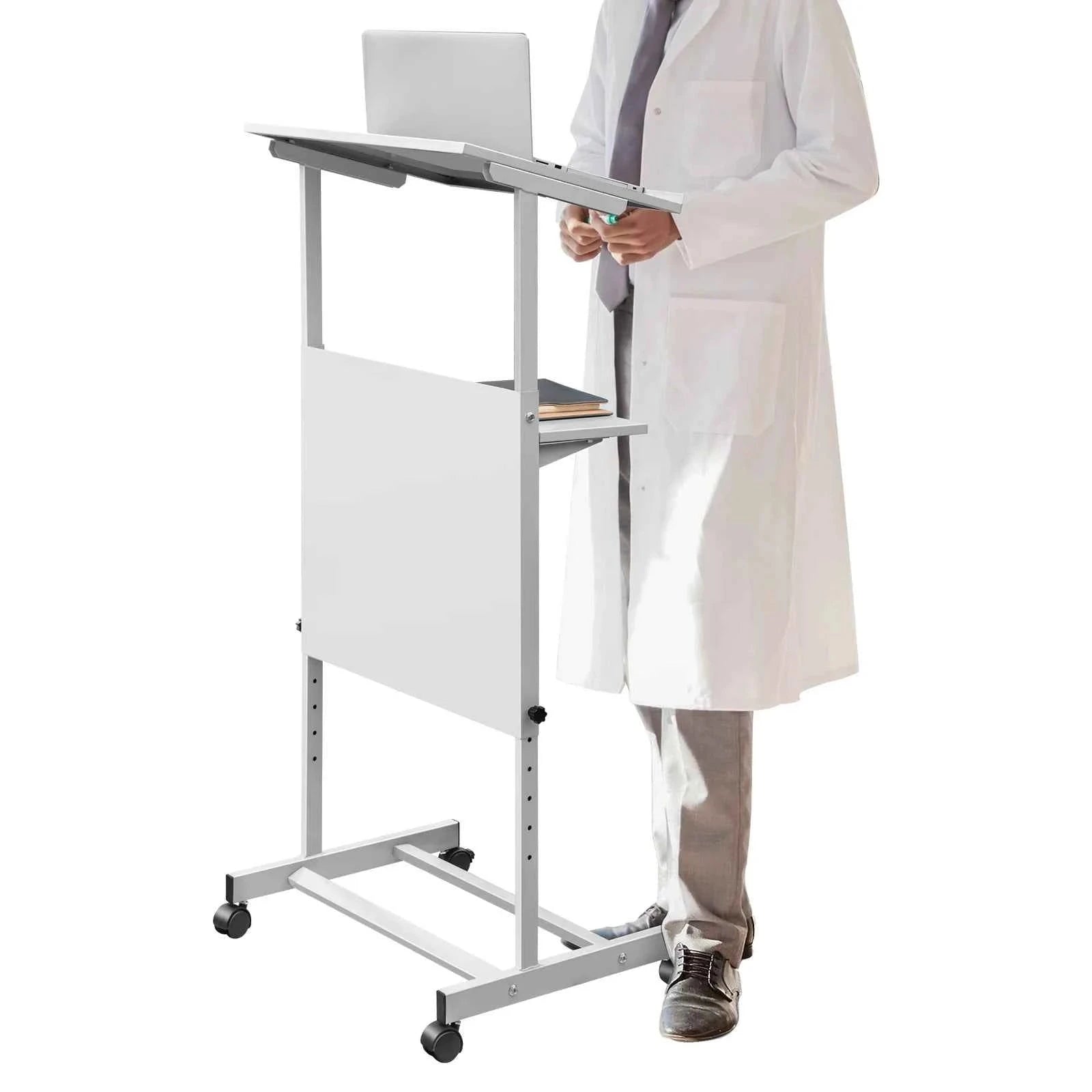 Height Adjustable Portable Standing Lectern with Casters and Storage Shelf-United States
