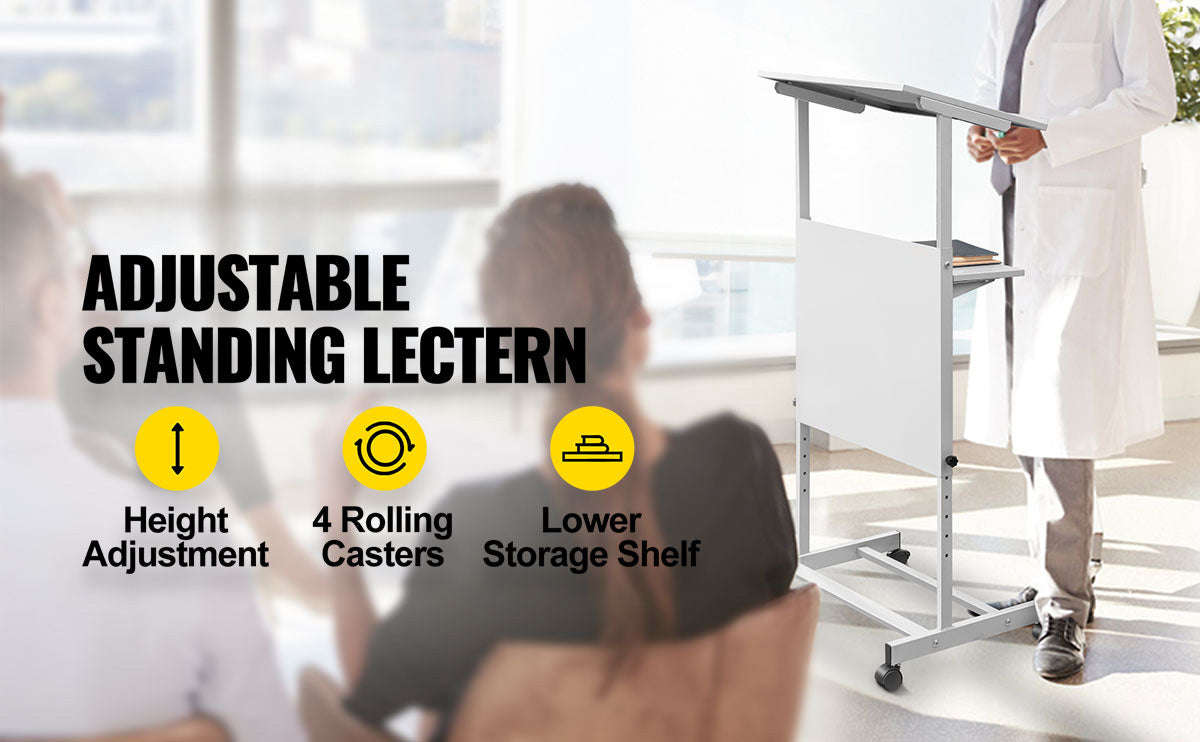 Height Adjustable Portable Standing Lectern with Casters and Storage Shelf-United States