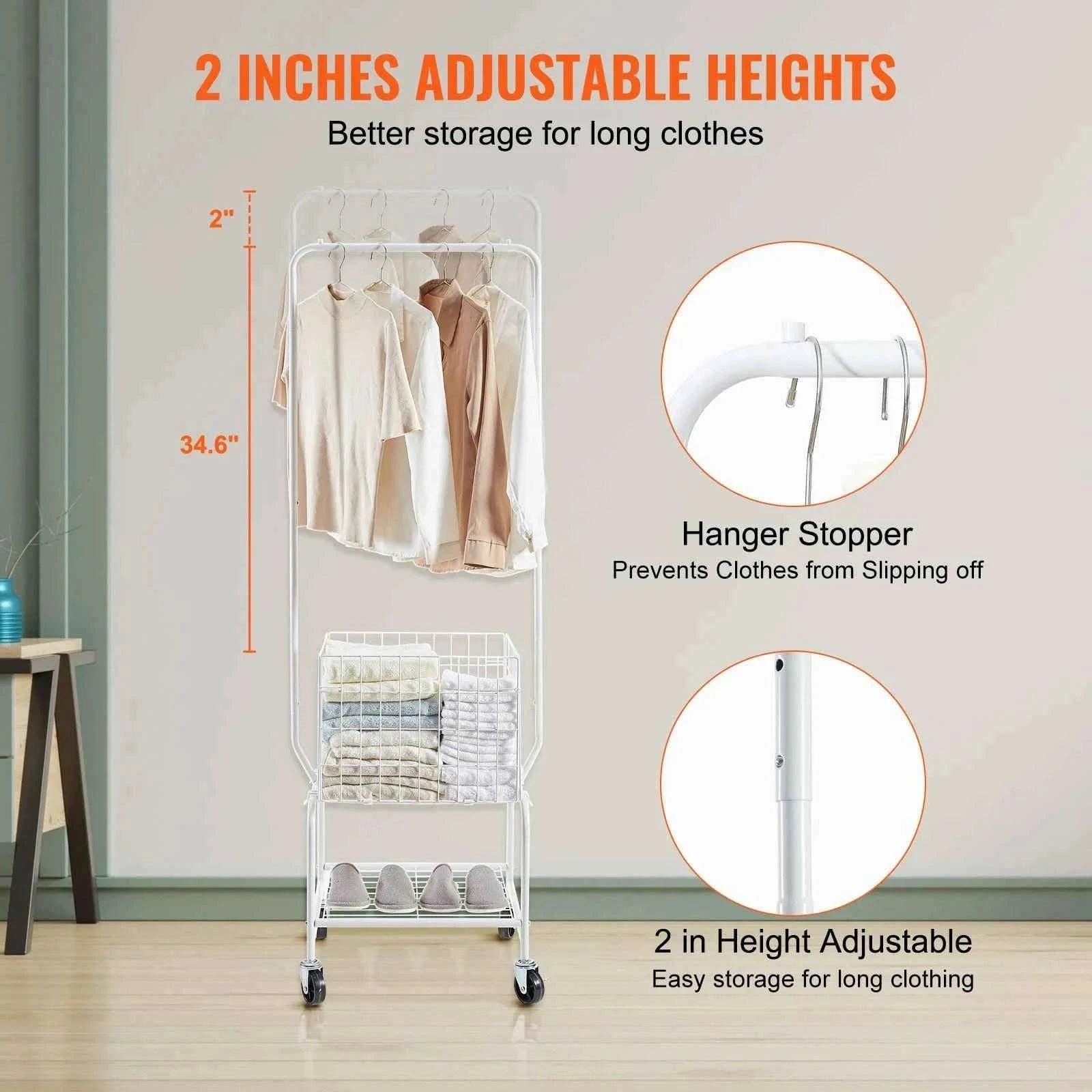 Height Adjustment Laundry Hamper Cart with Basket and Shelf Storage Organizer with Lockable Wheels-United States
