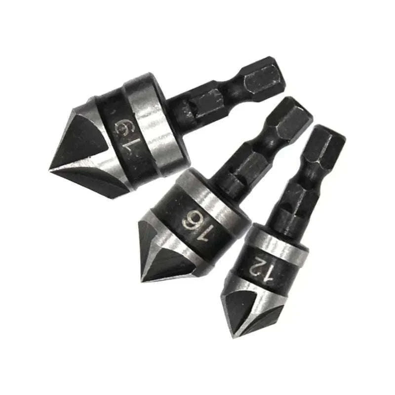 Hexagonal Shank 90° Chamferer Drill Bit Set, 3 Sizes-3pc black set / Hexagon handle