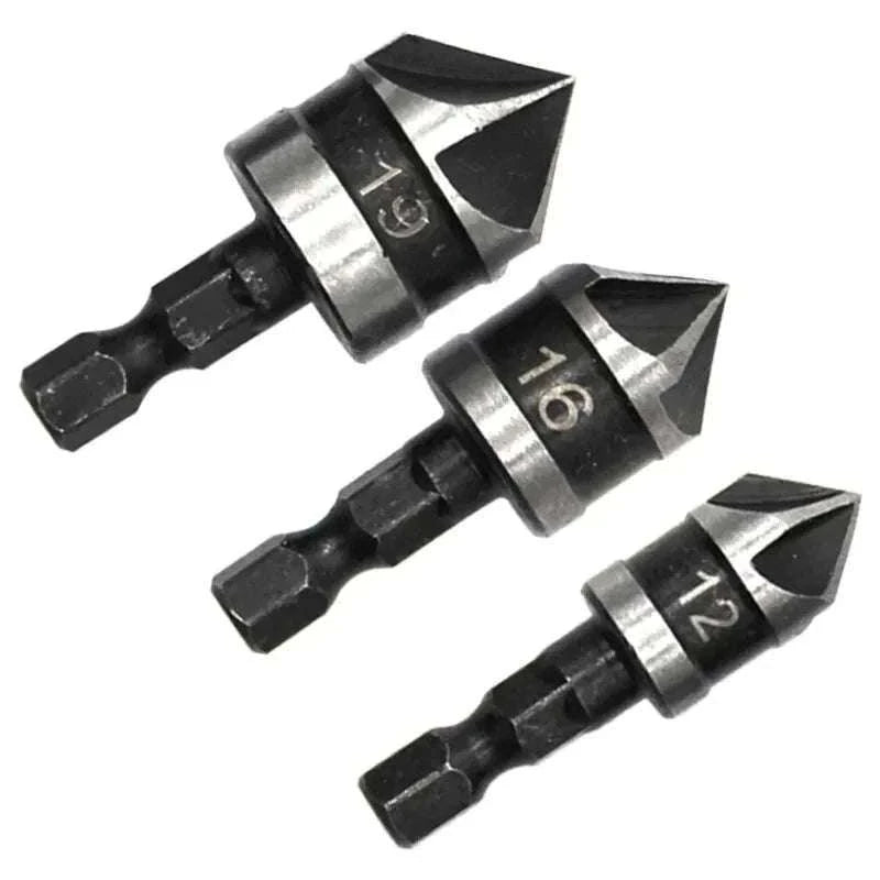 Hexagonal Shank 90° Chamferer Drill Bit Set, 3 Sizes-3pc black set / Hexagon handle