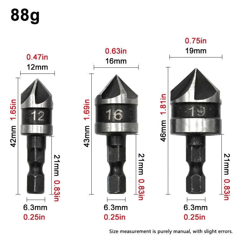 Hexagonal Shank 90° Chamferer Drill Bit Set-3pc black set / Hexagon handle