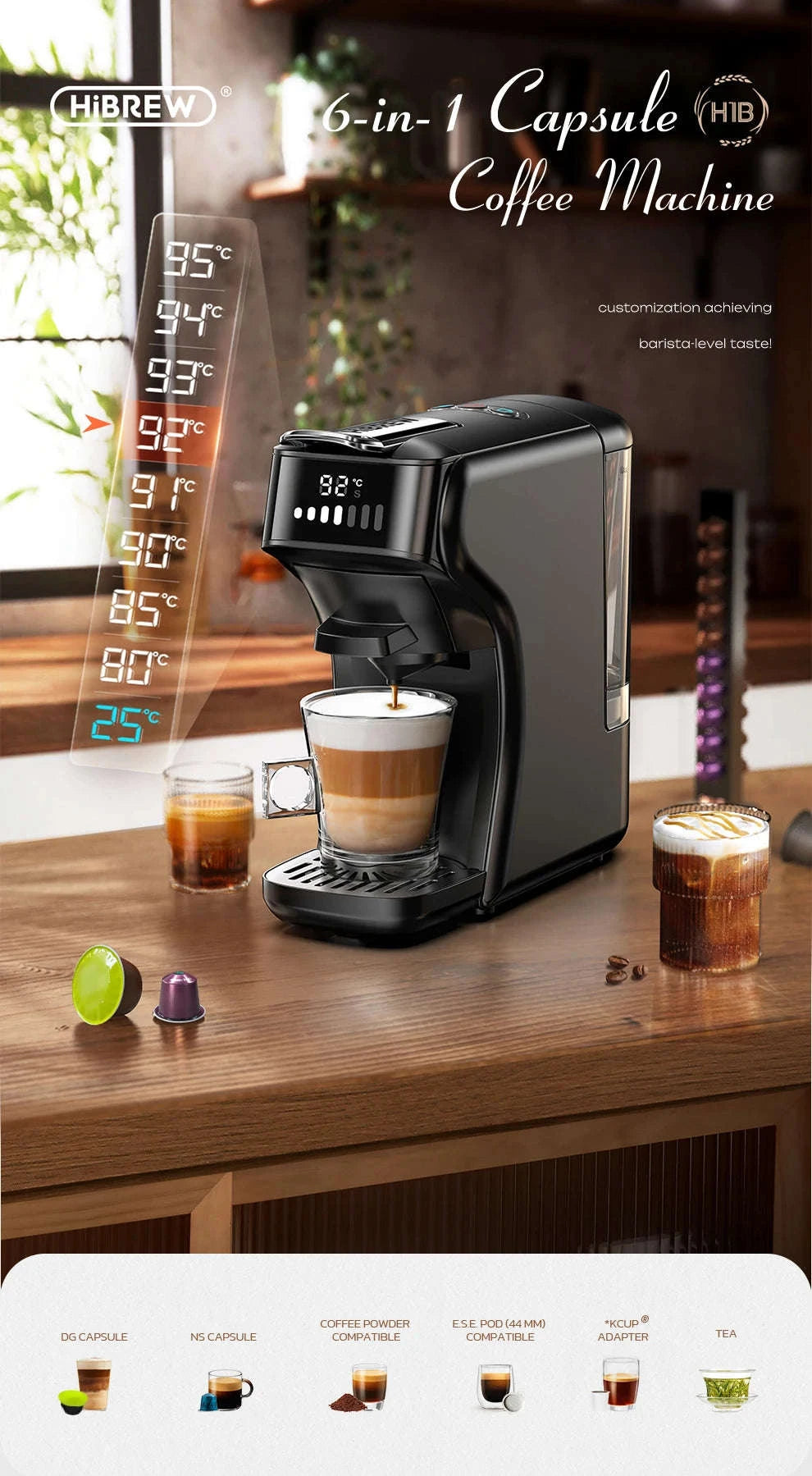 HiBREW 6‑in‑1 Capsule Coffee Machine for Hot & Cold Espresso-H1B M3A WH Tray / Saudi Arabia / UK