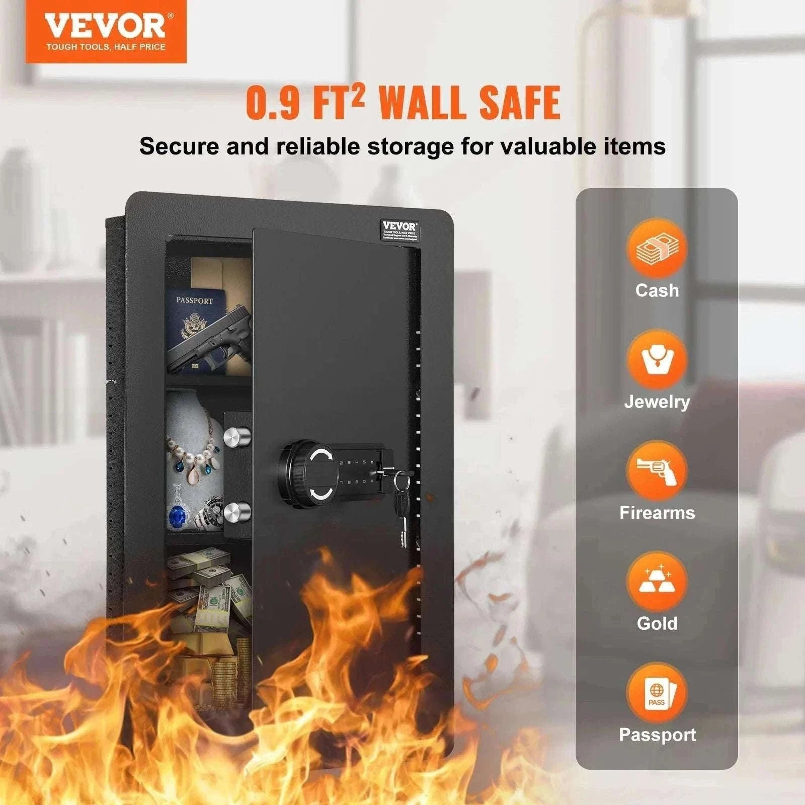Hidden In-Wall Safe with Keypad Lock & Alarm, 3-Tier Steel Storage-1.3ft Fingerprint / United States