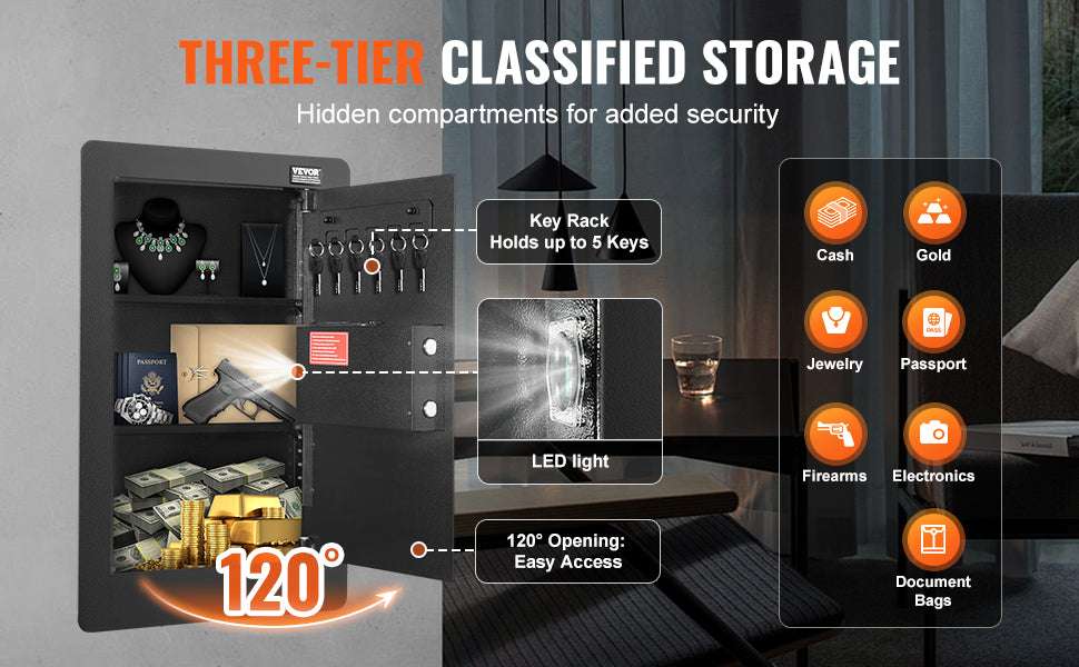 Hidden In-Wall Safe with Keypad Lock & Alarm, 3-Tier Steel Storage-1.3ft Fingerprint / United States