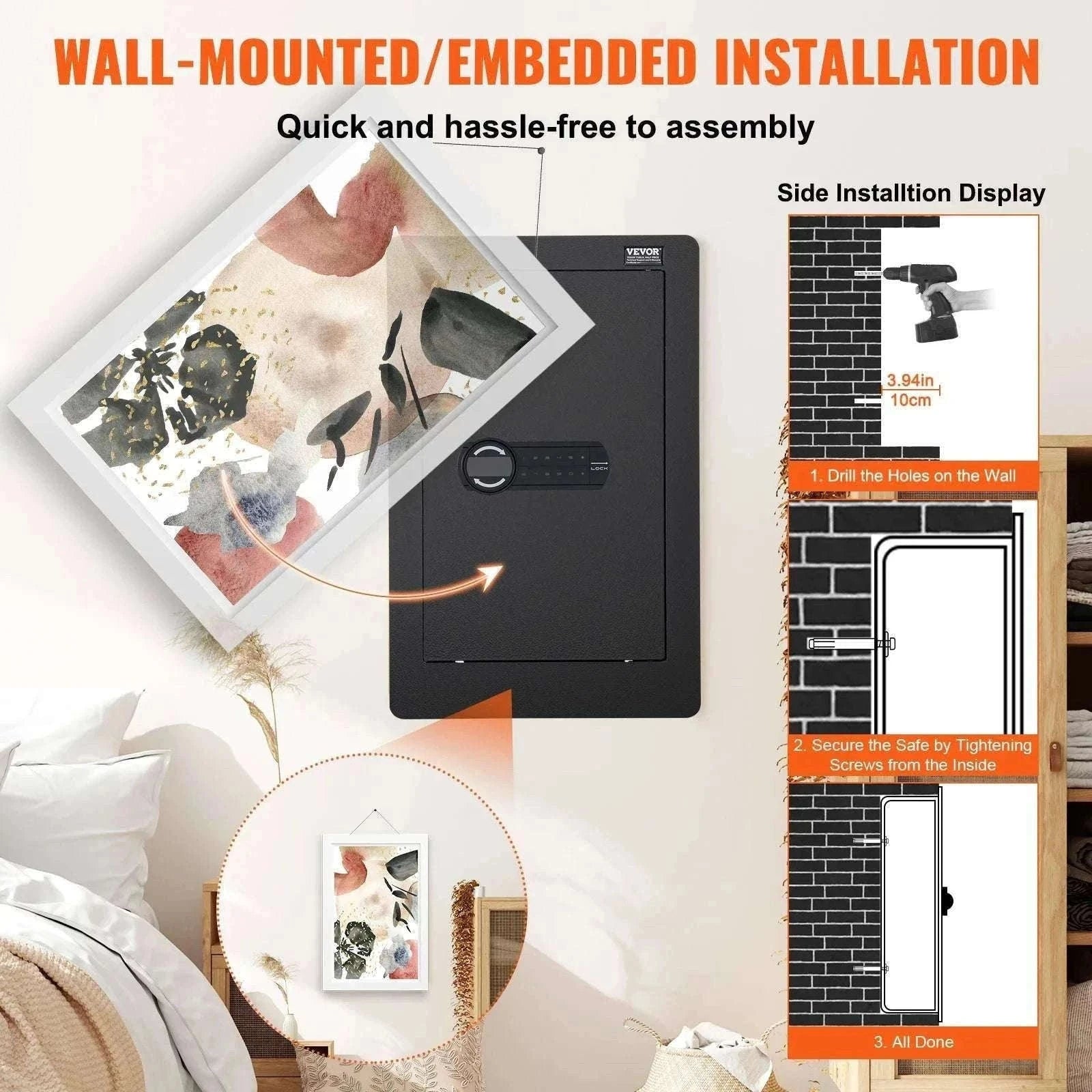 Hidden In-Wall Safe with Keypad Lock & Alarm, 3-Tier Steel Storage-1.3ft Fingerprint / United States