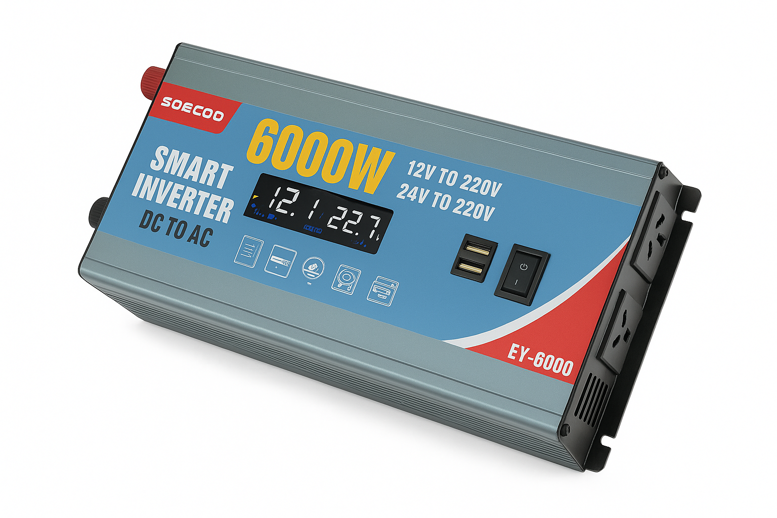 Inversor de Potência Pico 6000W com Dupla Voltagem, Ecrã LCD e Portas USB