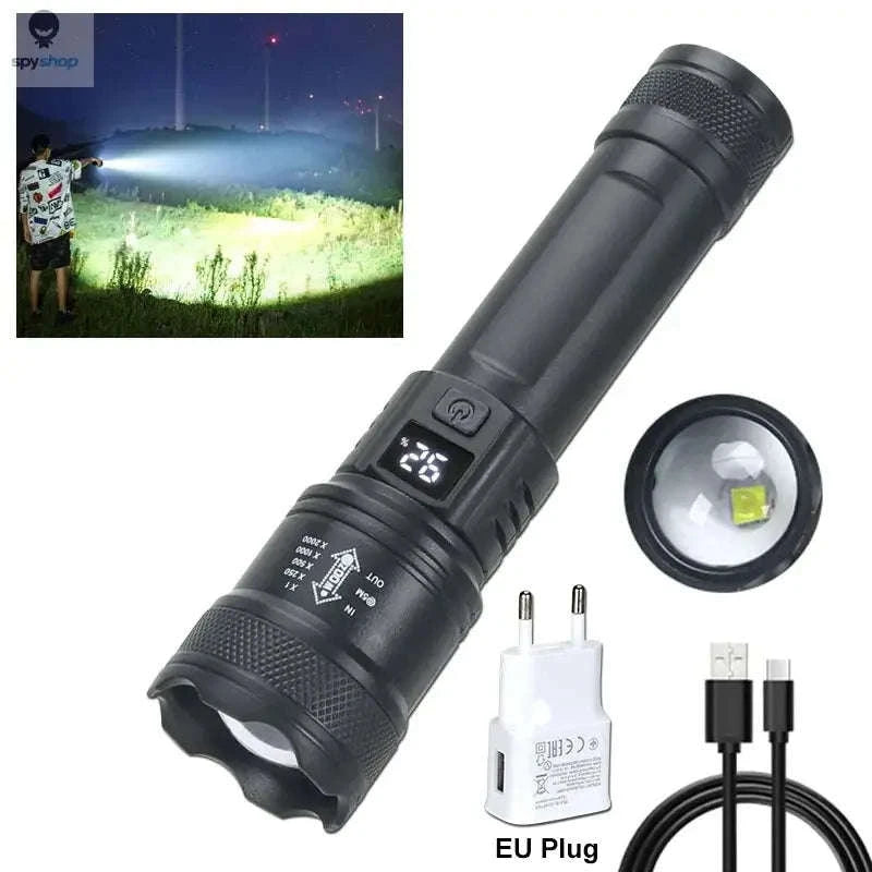 High Power LED Flashlight – 2000LM Rechargeable Zoom Torch for Outdoors & Emergencies-with EU Plug / black / ZOOM|Built in battery