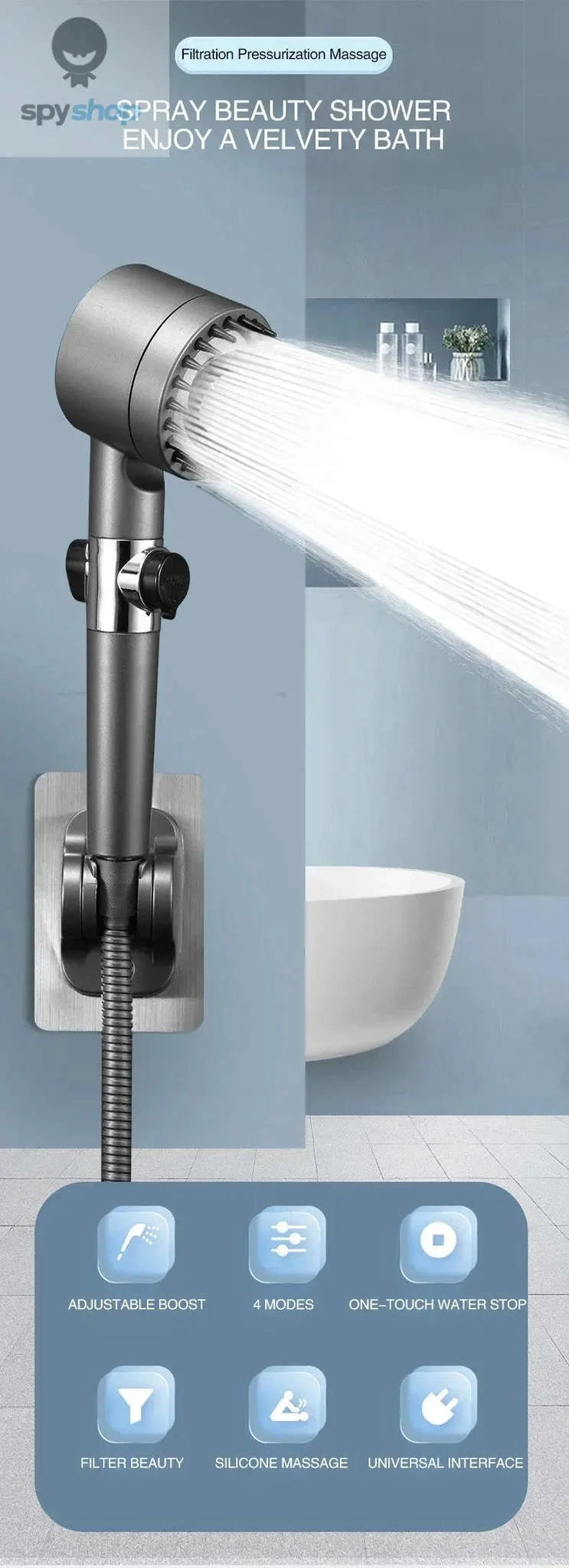 High Pressurized Filter Shower Head – Powerful Flow, 3 Modes, Built‑In Massage-Light Grey