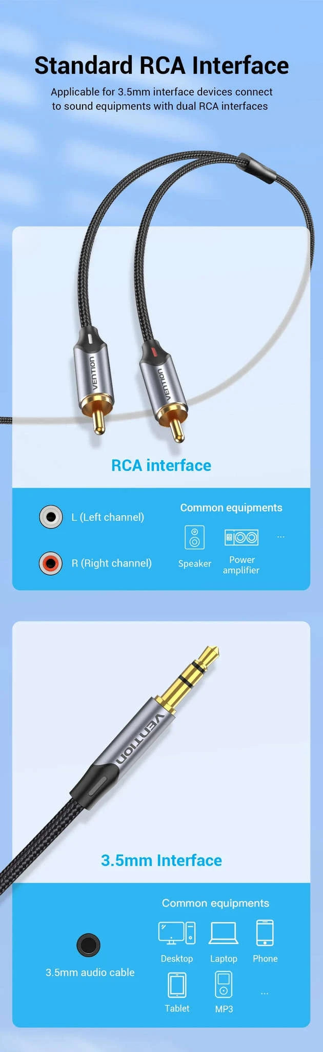 High‑Quality RCA Cable 3.5mm to 2RCA Audio Splitter-Alloy Shell-PVC / 5m / China Mainland