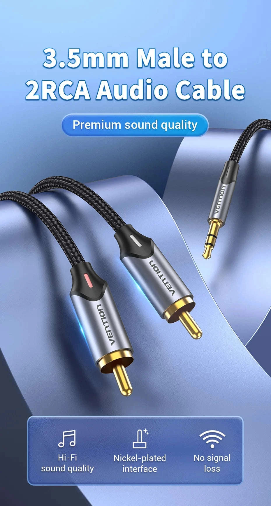 High‑Quality RCA Cable 3.5mm to 2RCA Audio Splitter-Alloy Shell-PVC / 5m / China Mainland