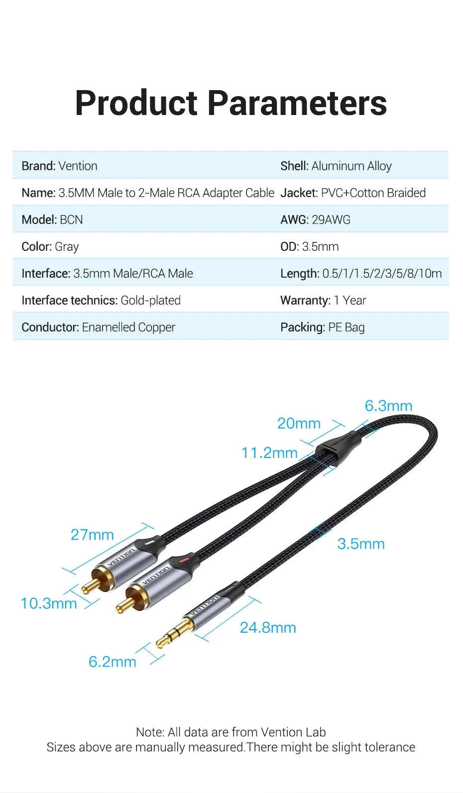High‑Quality RCA Cable 3.5mm to 2RCA Audio Splitter-Alloy Shell-PVC / 5m / China Mainland