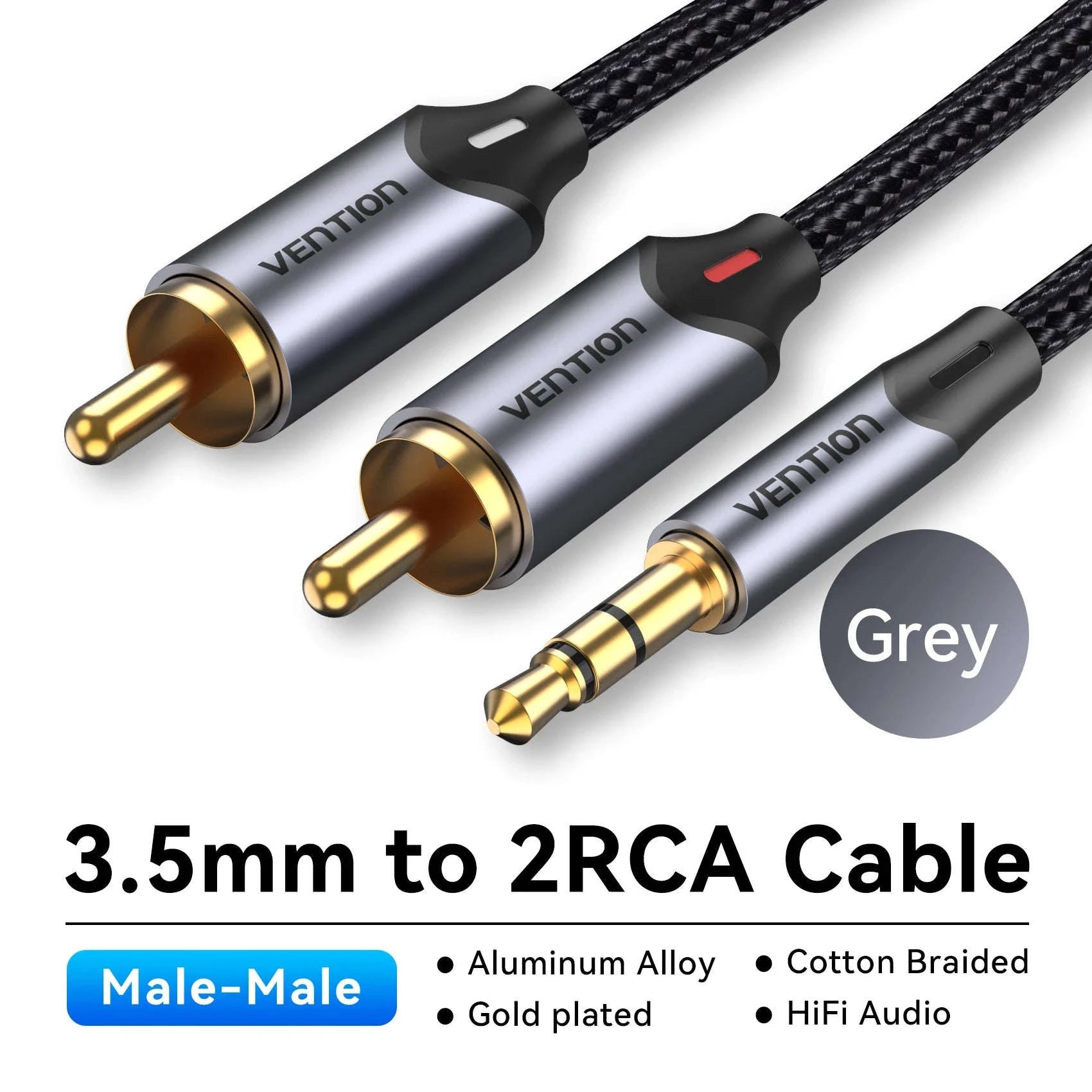 High‑Quality RCA Cable 3.5mm to 2RCA Audio Splitter-Alloy Shell-PVC / 5m / China Mainland