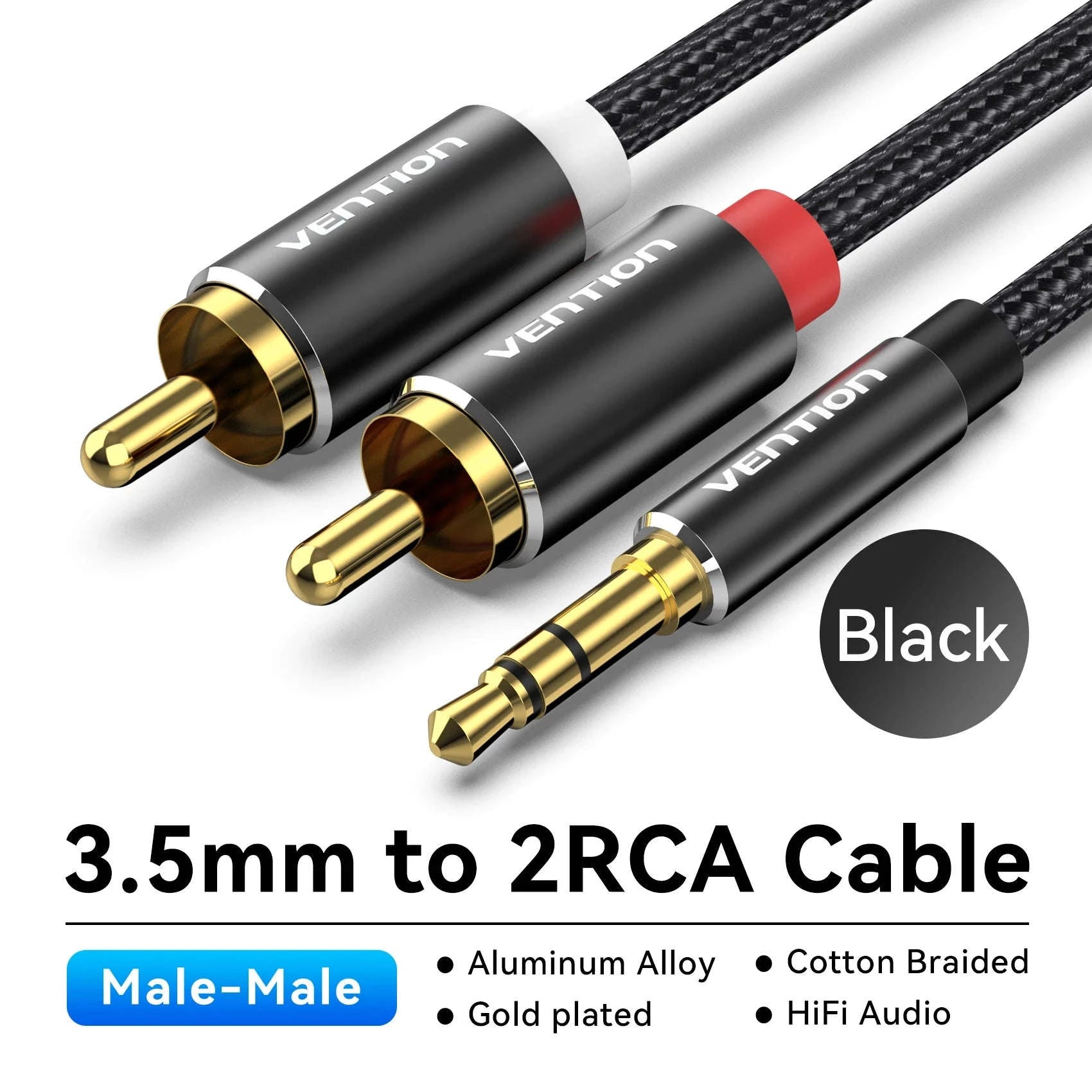 High‑Quality RCA Cable 3.5mm to 2RCA Audio Splitter-Alloy Shell-PVC / 5m / China Mainland
