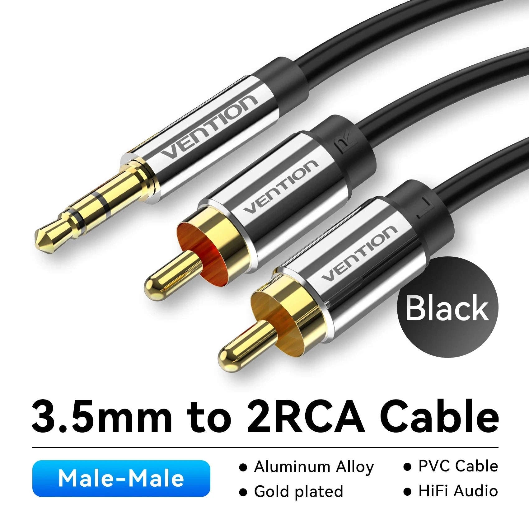 High‑Quality RCA Cable 3.5mm to 2RCA Audio Splitter-Alloy Shell-PVC / 5m / China Mainland