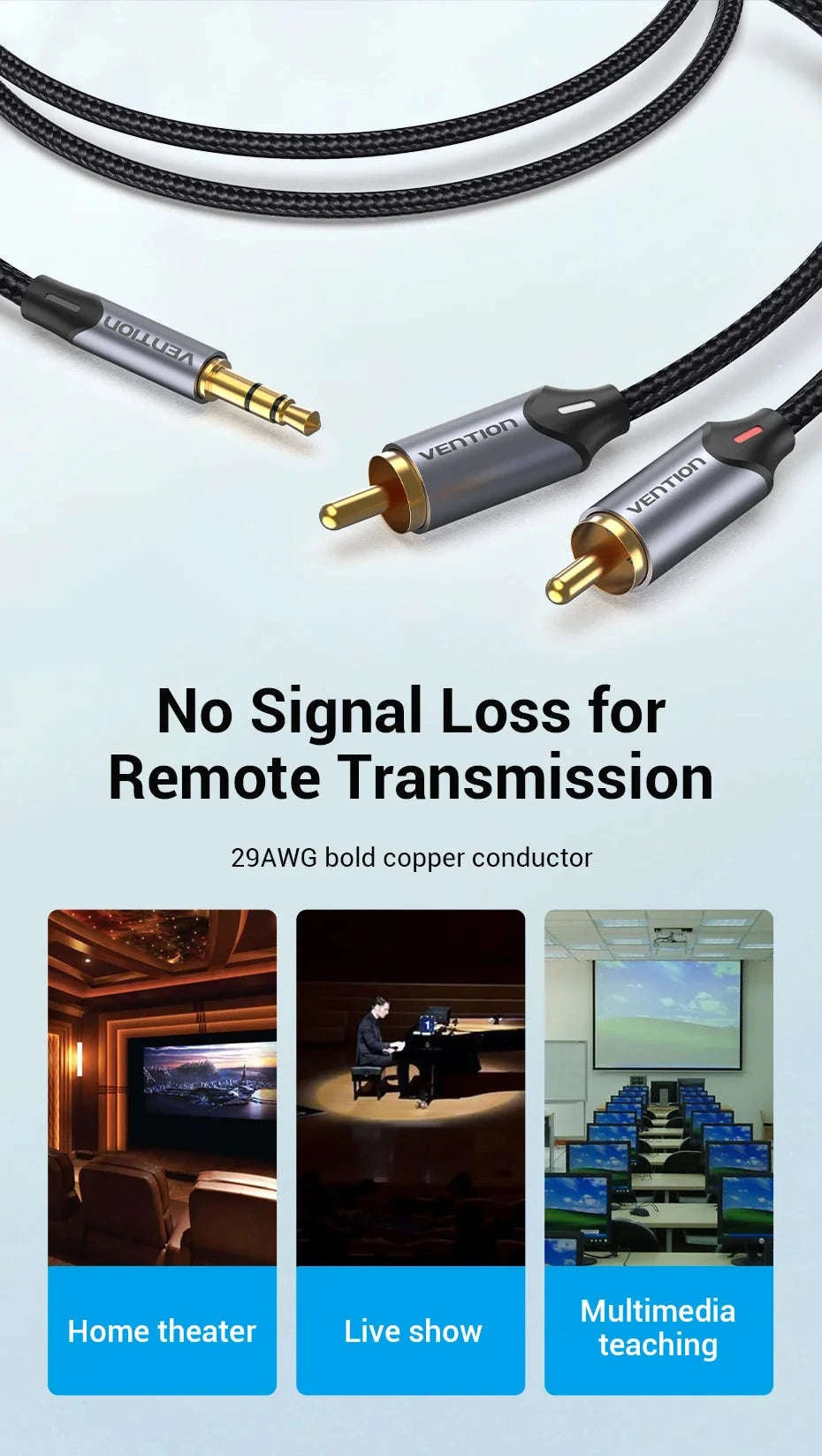 High‑Quality RCA Cable 3.5mm to 2RCA Audio Splitter-Alloy Shell-PVC / 5m / China Mainland