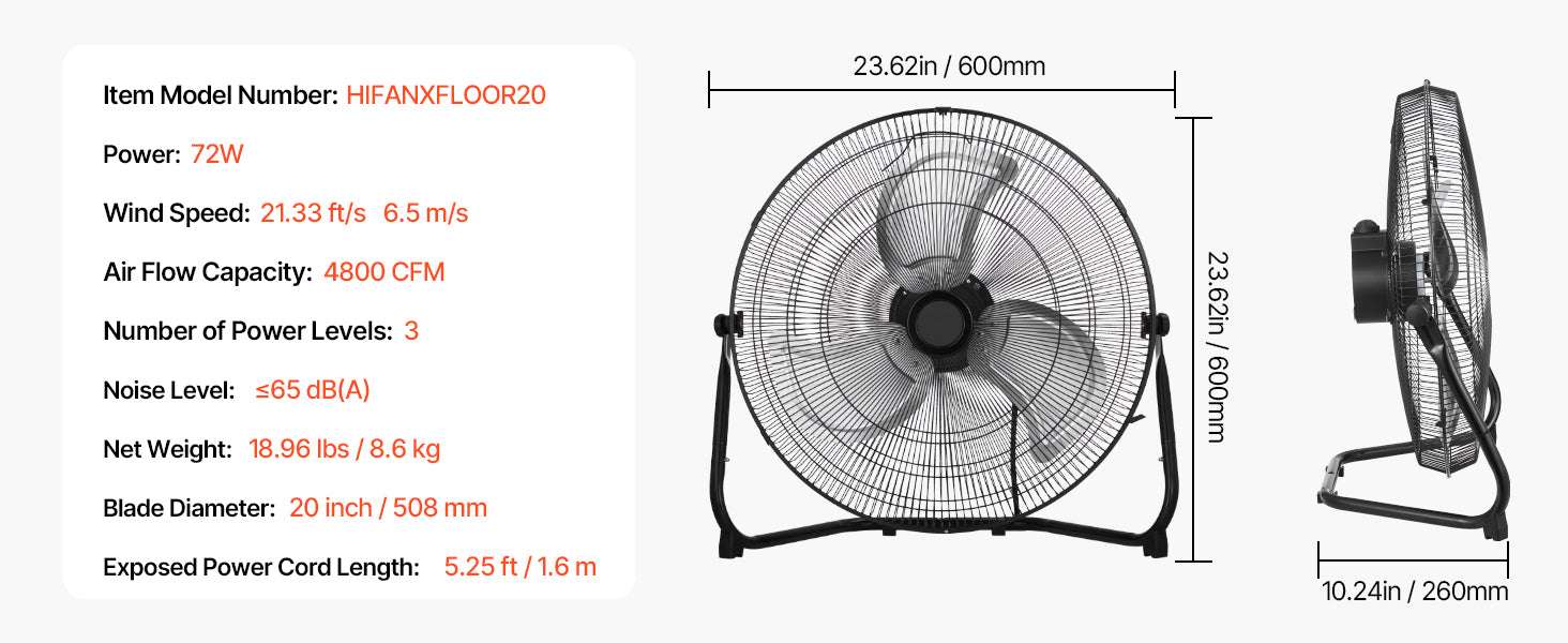 High Velocity Industrial Floor Fan 4800 CFM 3-Speed Tilt-18in 1pcs / United States