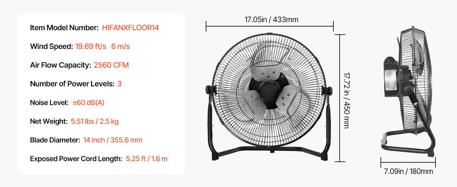High Velocity Industrial Floor Fan 4800 CFM 3-Speed Tilt-18in 1pcs / United States