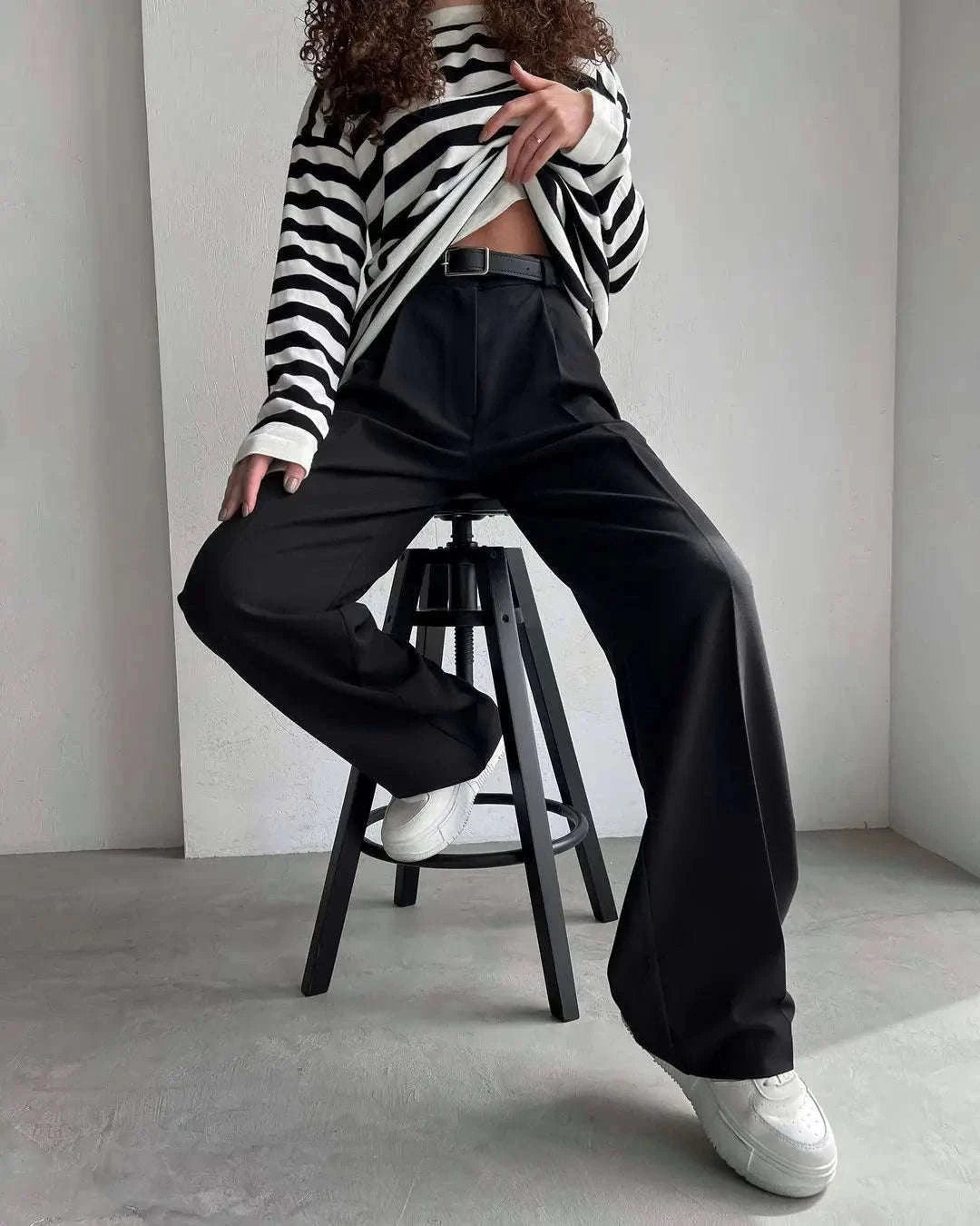 High Waist Pleated Wide Leg Work Pants with Pockets for Women-black / S
