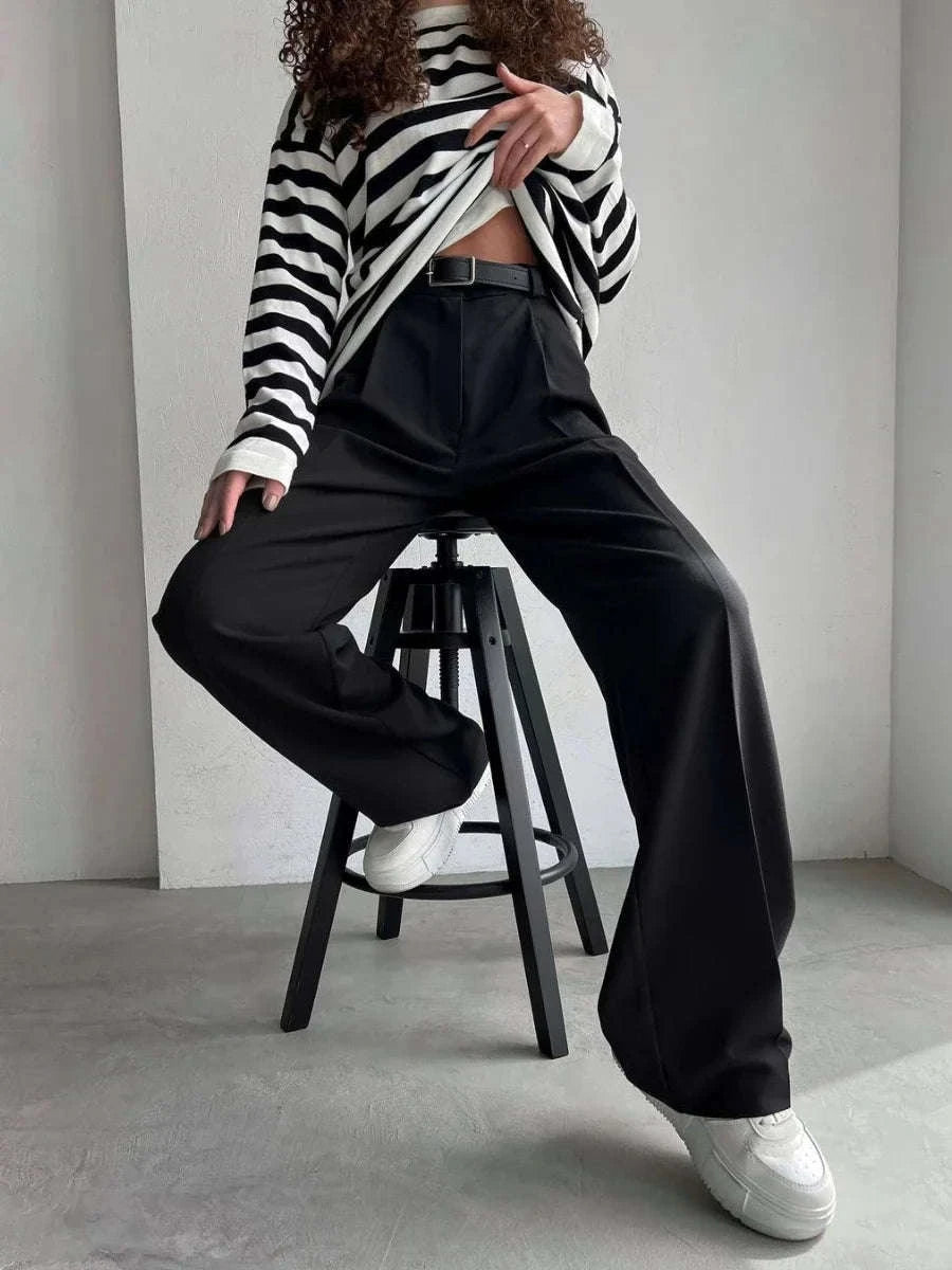 High Waist Pleated Wide Leg Work Pants with Pockets for Women-black / S