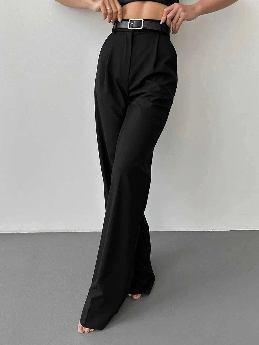 High Waist Pleated Wide Leg Work Pants with Pockets for Women-black / S