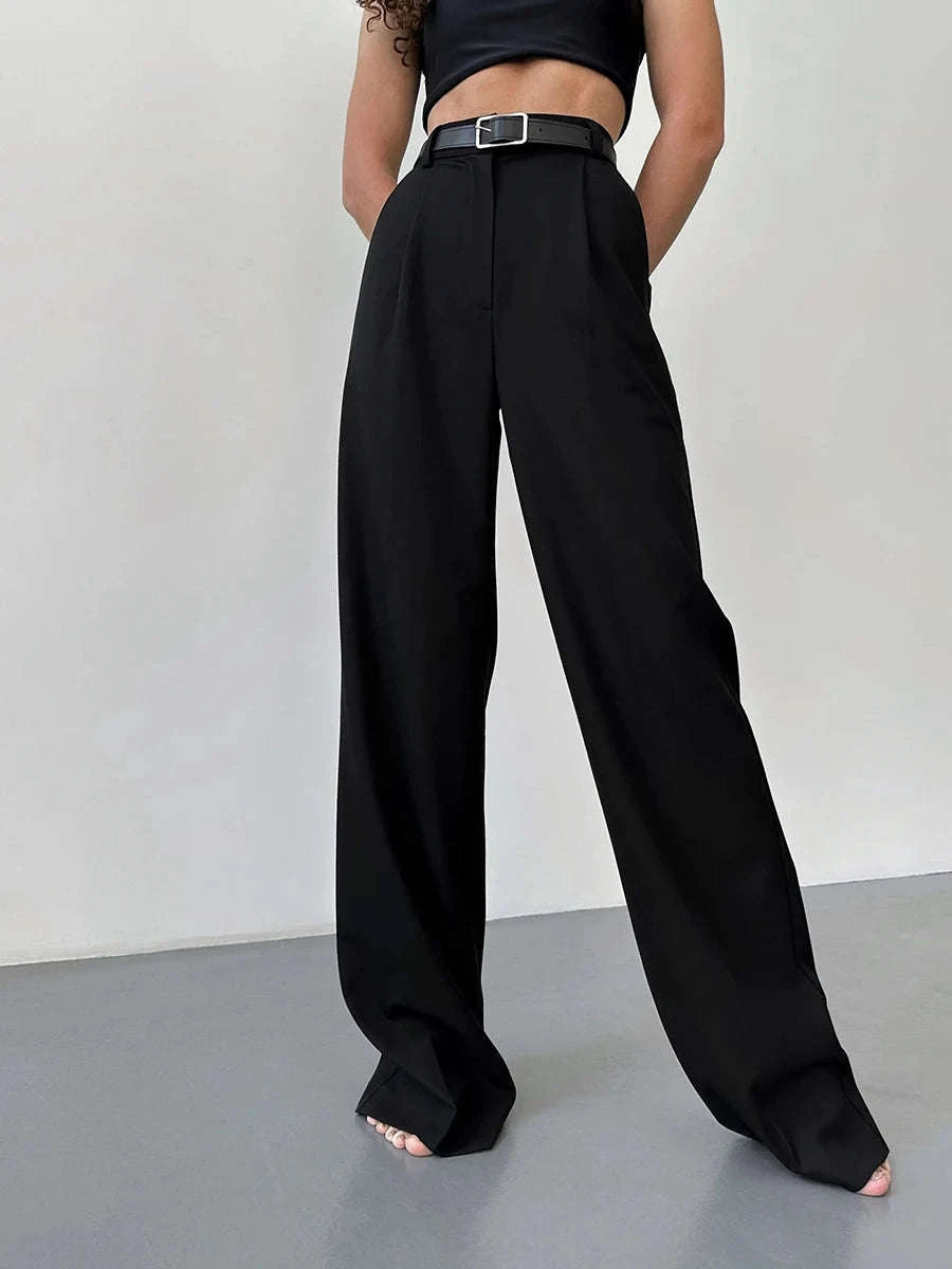 High Waist Pleated Wide Leg Work Pants with Pockets for Women-black / S