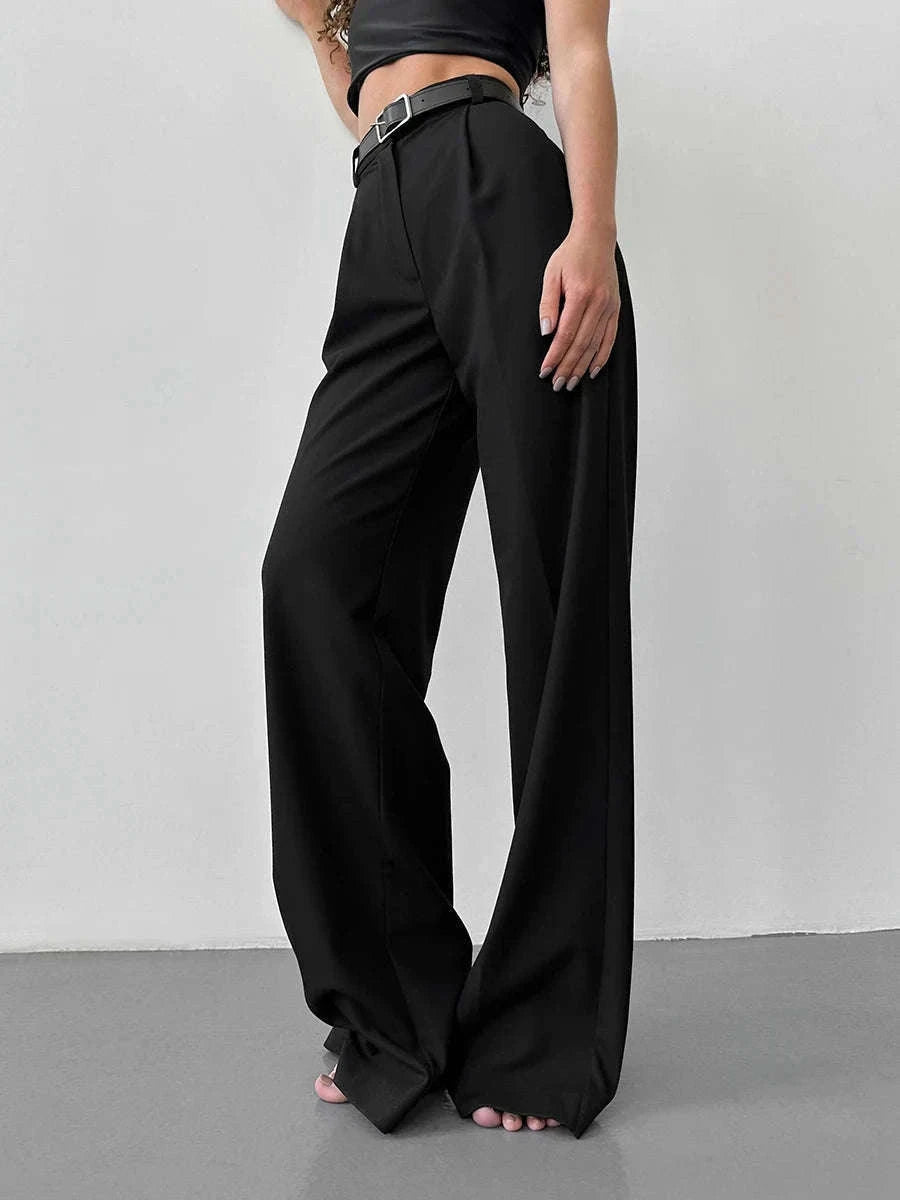High Waist Pleated Wide Leg Work Pants with Pockets for Women-black / S