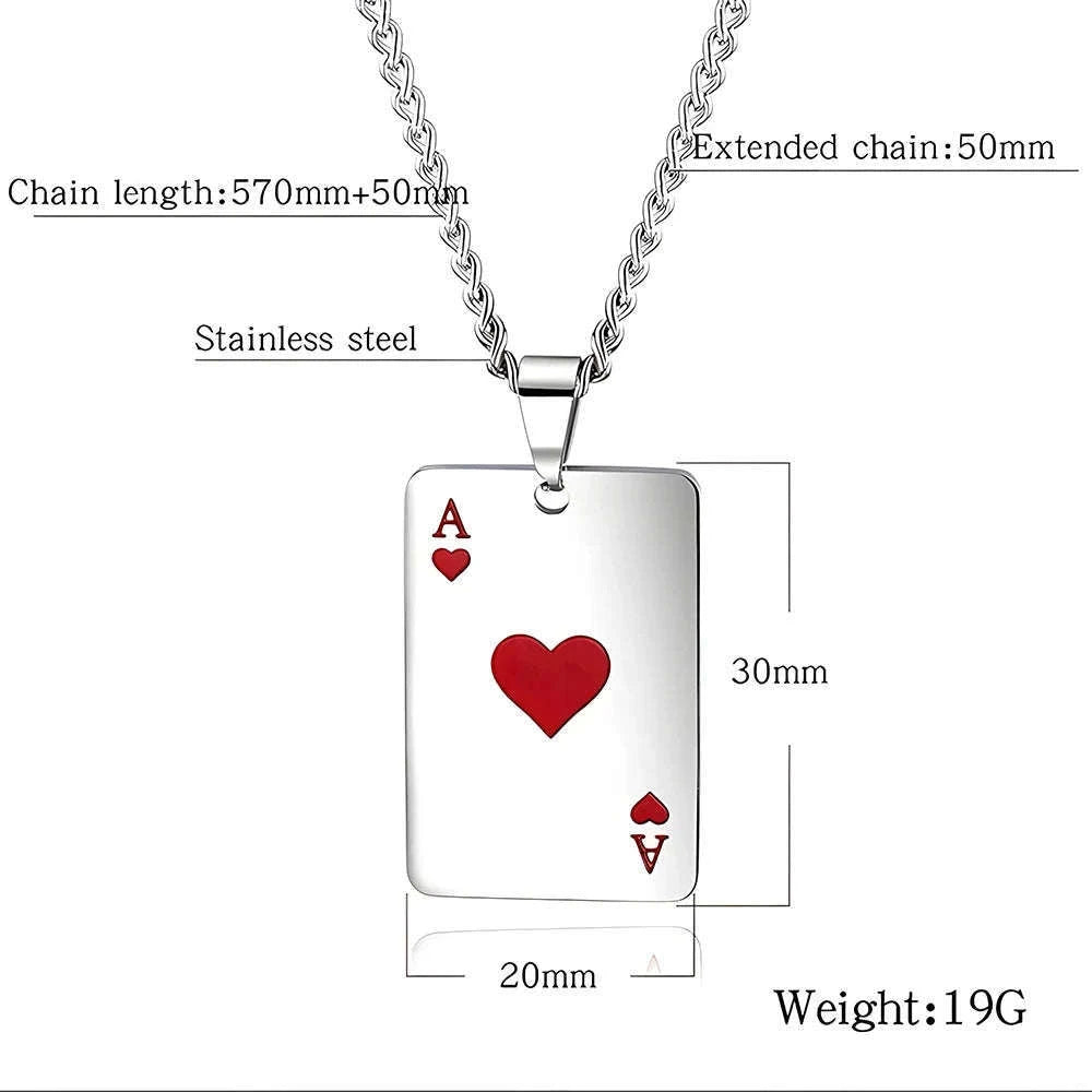 Hip Hop Poker Card Necklace for Men, Stainless Steel-Ace of spades