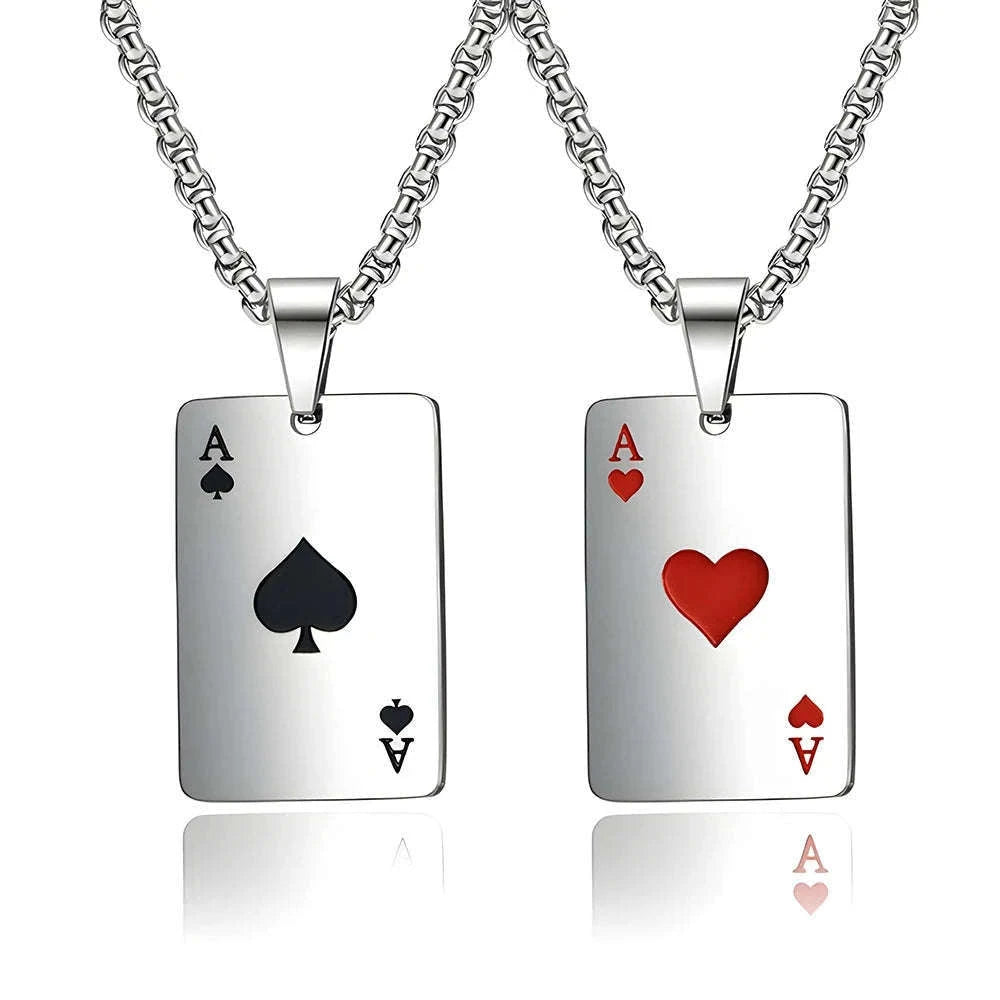 Hip Hop Poker Card Necklace for Men, Stainless Steel-Ace of spades