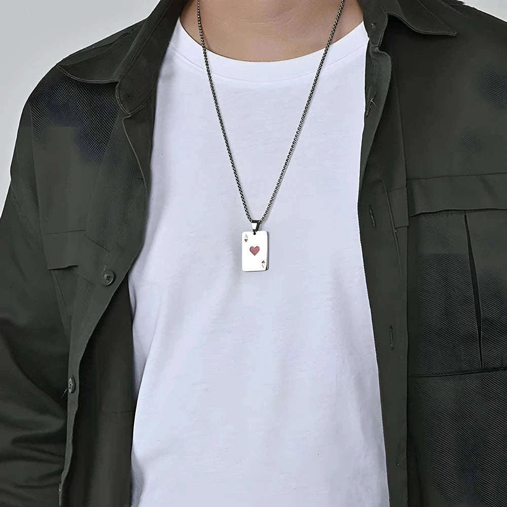 Hip Hop Poker Card Necklace for Men, Stainless Steel-Ace of spades