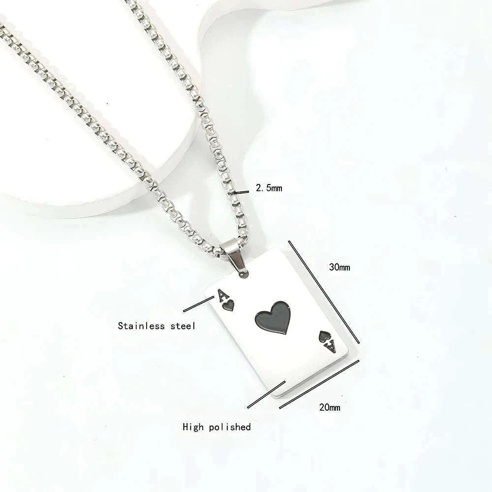 Hip Hop Poker Card Necklace for Men, Stainless Steel-Ace of spades