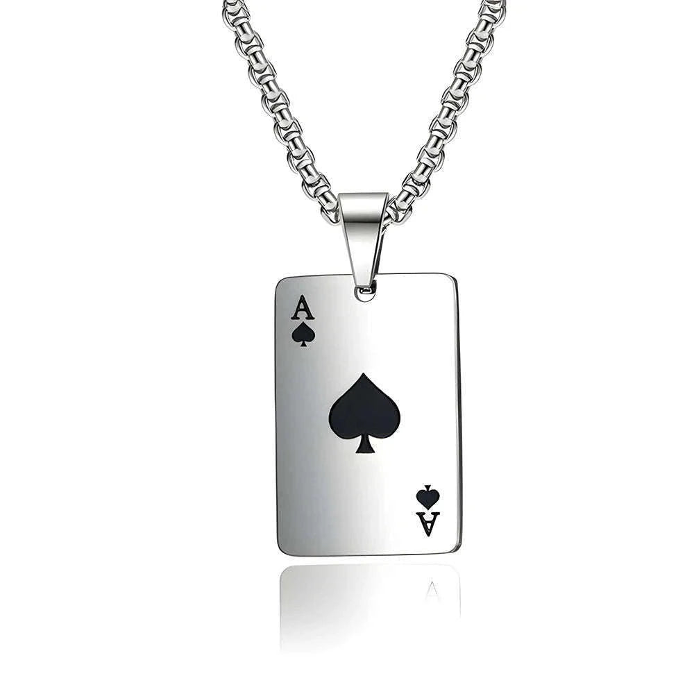 Hip Hop Poker Card Necklace for Men, Stainless Steel-Ace of spades