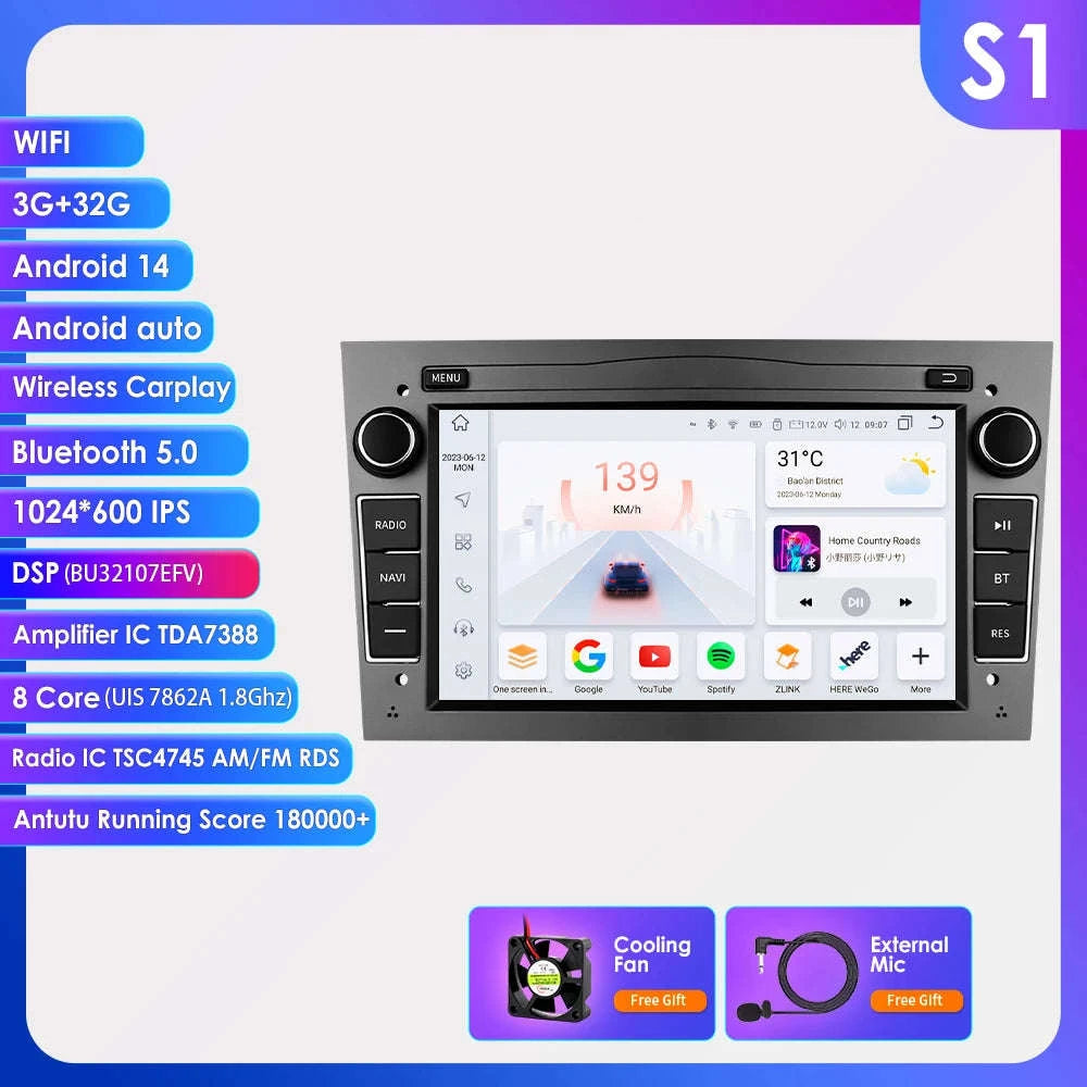 HIZPO 7-Inch Android Car Radio with CarPlay for Opel-S6 Black / france