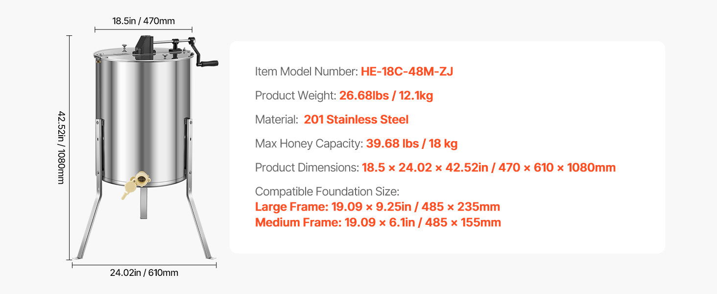 Manual Honey Extractor with Transparent Lid and Adjustable Stand