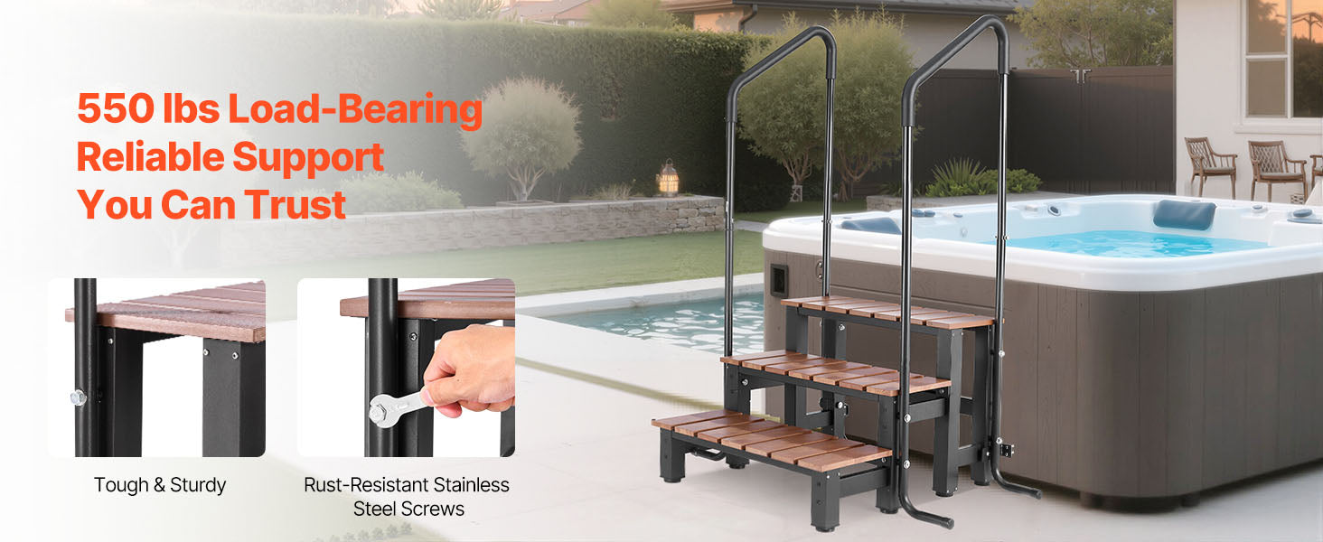 Escalier de spa SucceBuy 550 lb avec rampe, 3 marches, largeur 25,2 pouces, pour spa hors sol/gonflable, échelle de piscine pour porche, patio et remorques
