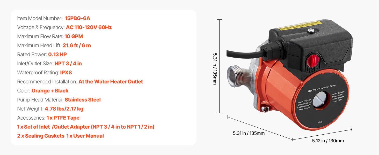 SucceBuy Hot Water Recirculating Pump 10 GPM 3 Speed Control 0.13 HP 110-120V NPT 3/4 to 1/2 Adapter Stainless Steel/Cast Iron