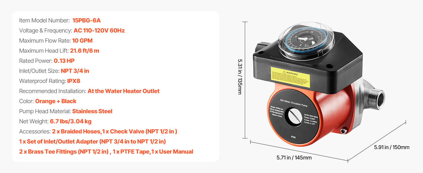 Hot Water Recirculating Pump 10 GPM with Timer 0.13 HP System