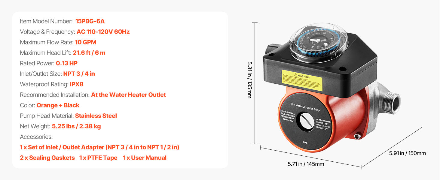 Hot Water Recirculating Pump 10 GPM with Timer 0.13 HP System
