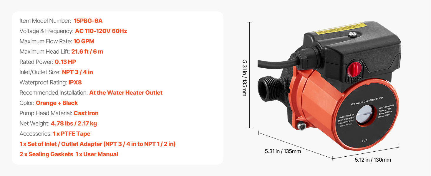 SucceBuy Hot Water Recirculating Pump 10 GPM 3 Speed Control 0.13 HP 110-120V NPT 3/4 to 1/2 Adapter Stainless Steel/Cast Iron