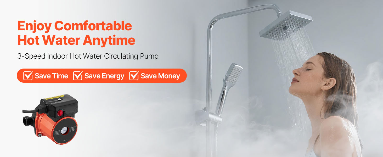 SucceBuy Hot Water Recirculating Pump 10 GPM 3 Speed Control 0.13 HP 110-120V NPT 3/4 to 1/2 Adapter Stainless Steel/Cast Iron