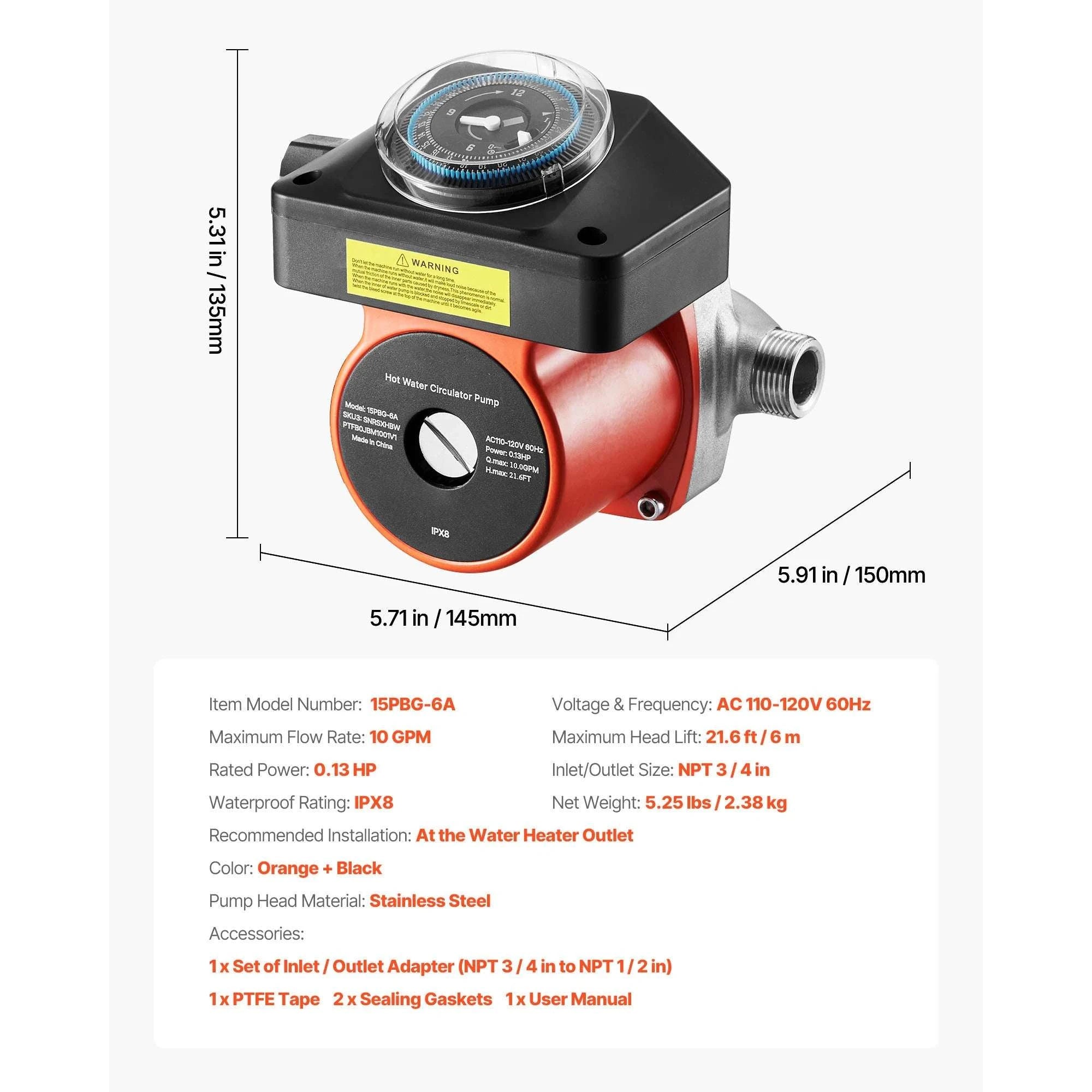 Hot Water Recirculating Pump 10 GPM with Timer 0.13 HP System-With Bypass Valve / United States